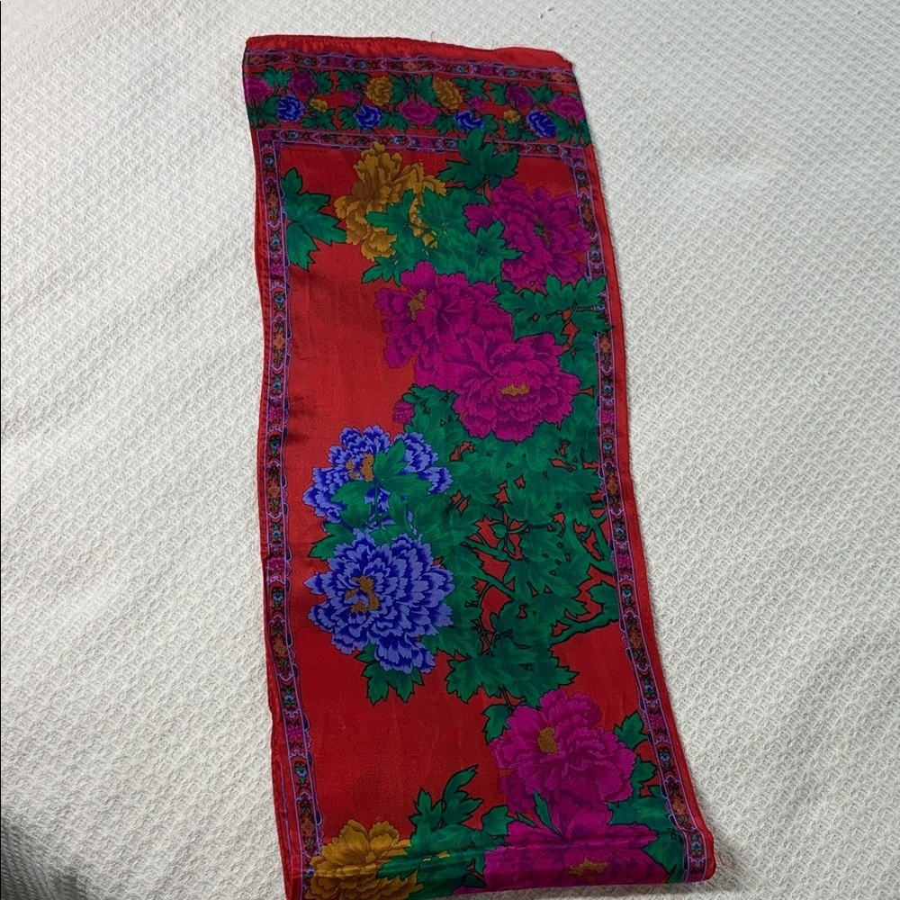 Vintage floral silk scarf red, blue, green, pink